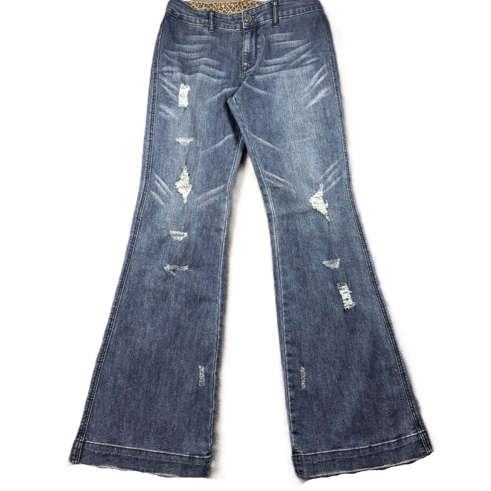 Bisou Bisou Women Jeans Flare Wide Leg Distressed Stretch Medium Wash Sz 8 I163